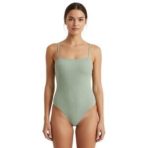 H&M Khaki Green Square Neck Ribbed Thong Bodysuit Extra Small